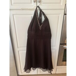 Robbie Bee Woman Brown 100% Silk Halter Dress Sequin Beaded W3125986 16W NWT